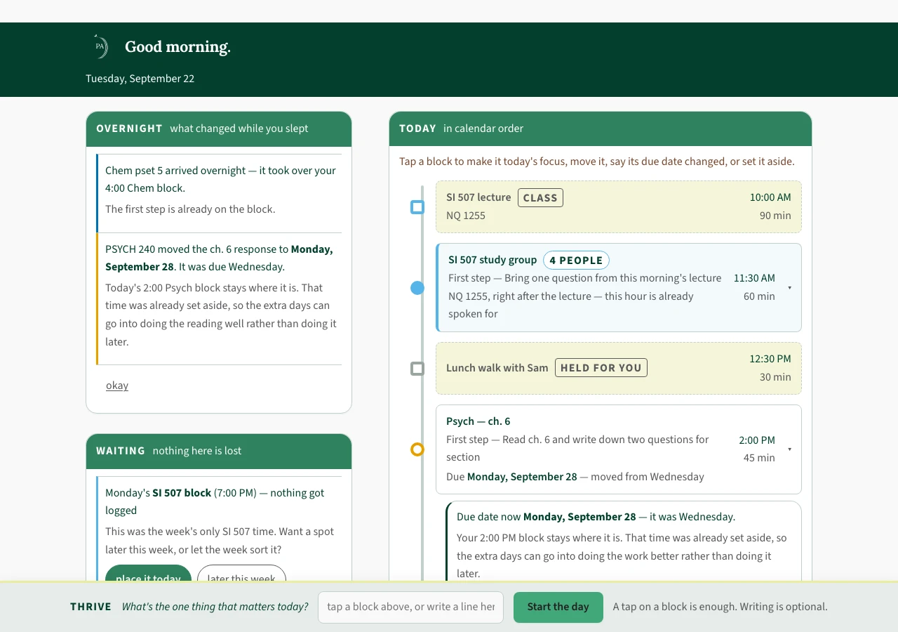 PlanArc morning check-in preview showing changes and today's schedule